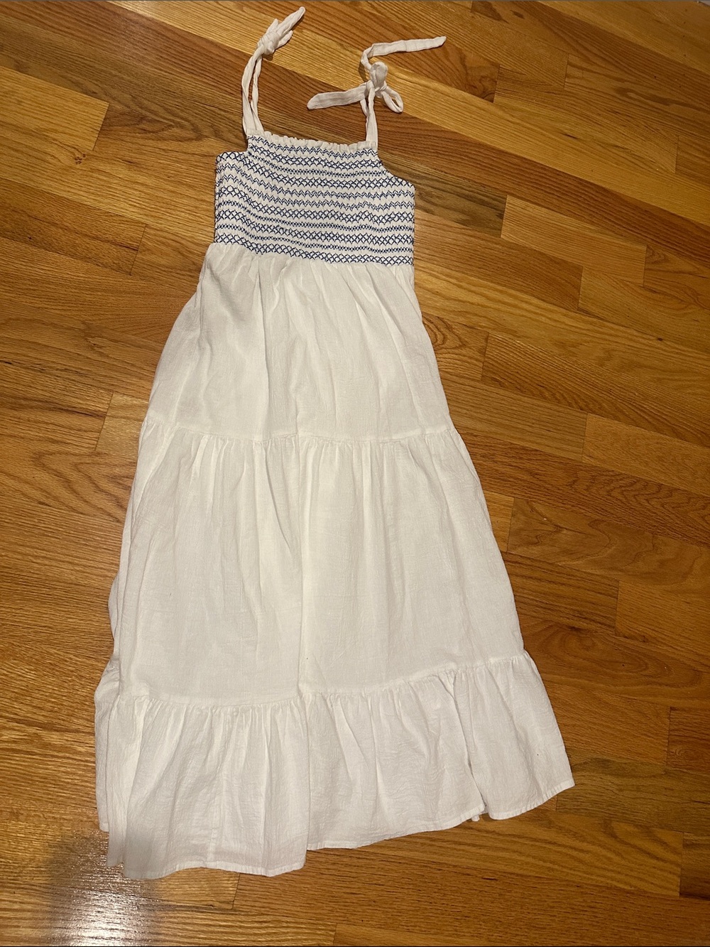 Lucky Brand White Maxi Sundress with Blue Smocked Bodice